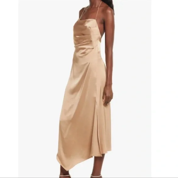 Significant Other One Another Asymmetric Hem Cocktail Midi Dress in Dark Gold at Nordstrom, Size 4 Us